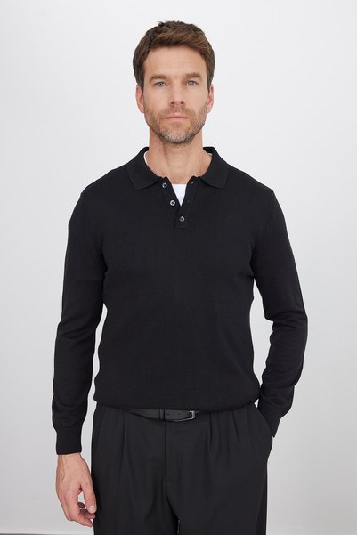 Men's Standard Fit Regular Cut Cotton Polo Neck Black Sweater