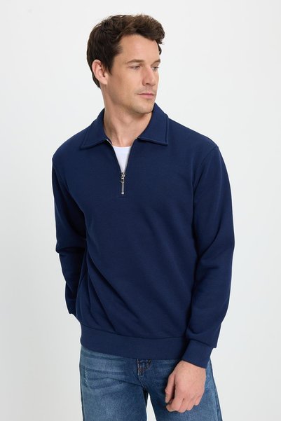 Men's Relax Fit Comfortable Cut Cotton 3 Thread Zippered Polo Neck Navy Blue Sweatshirt