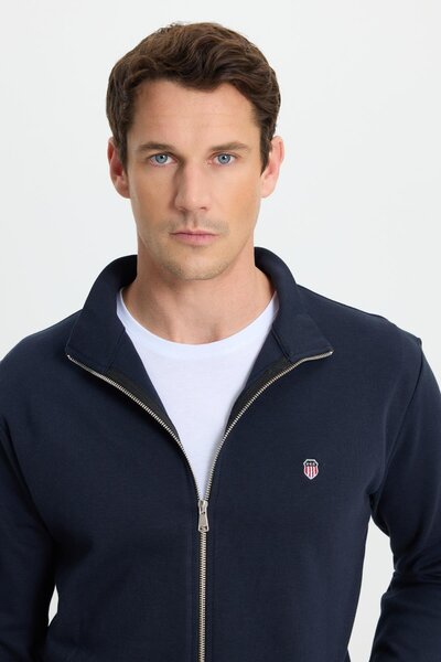 Men's Slim-Fit, Tapered-Cut, Cotton, Full-Zip, Double-Pocket, Stand-Up Collar, Navy Blue Sweatshirt Cardigan