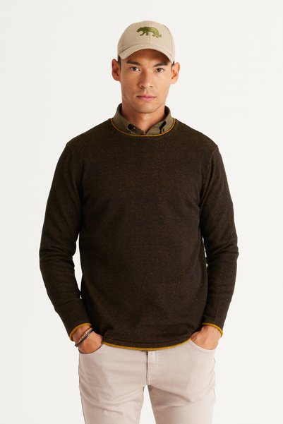 Black-Mustard Standard Fit Regular Cut Crew Neck Cotton Knitwear Sweater
