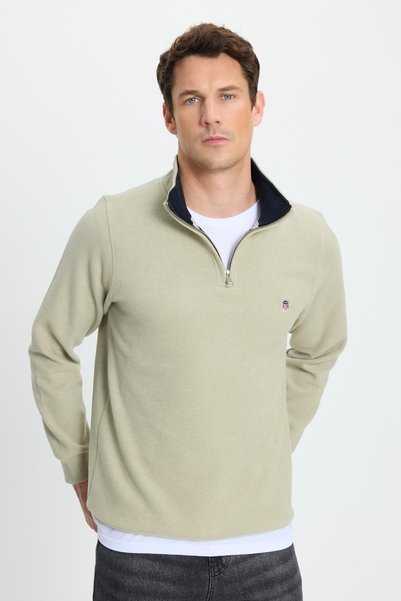 Men's Slim Fit Slim Fit Cotton Thessaloniki Fabric Mock Neck Mint Sweatshirt
