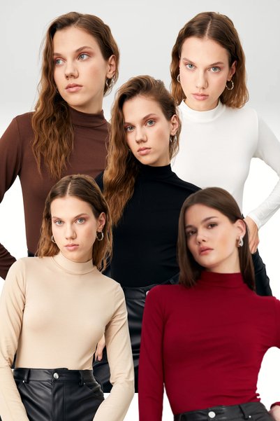 Women's Black Cream White Bitter Brown Burgundy 5-Piece Half Turtleneck Basic Bodysuit