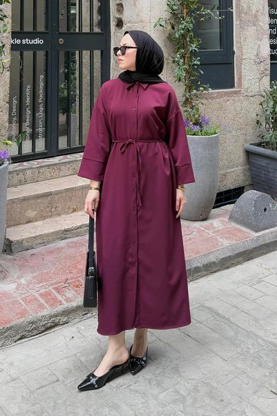 Dabıl Hijab Dress with False Cuff Detail, Plum