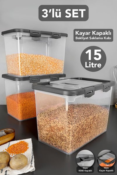 3-Piece 15 Lt Sliding Lid Grain Storage Container - Sliding Locking Lid Sugar Flour Container Food Storage Container Gray