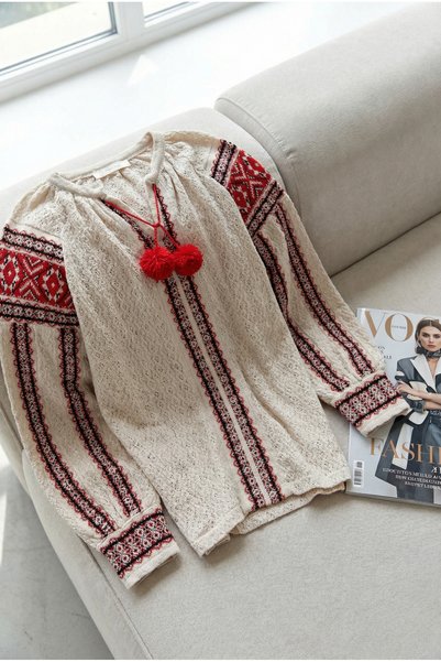 Beige White V-Neck New Season Knitted Tasseled Standard Size Cotton Blouse