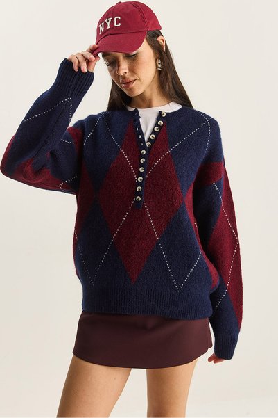 Women's Navy Blue Claret Red 11-Button Diamond Patterned Basic Knitwear Sweater 20251089