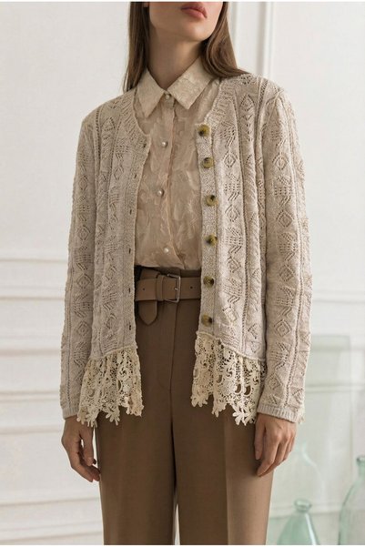 Women's Beige Hem Lace Knitted Cardigan