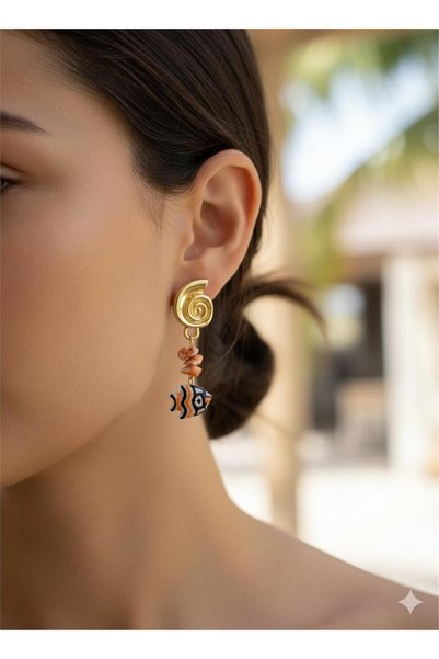 Spiral Seashell Studded Tropical Fish and Coral Earrings