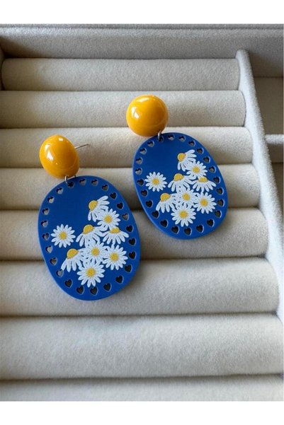 Navy Blue Yellow Daisy Figured Earrings