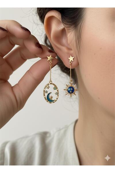 Blue Enamel Sun and Moon Pearl Detailed Asymmetrical Dangle Earrings