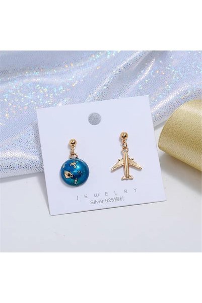 Asymmetrical Travel Earring with Blue Earth and Gold Airplane Figure