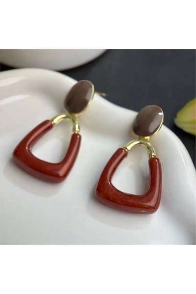 Coffee Tone Geometric Triangle Dangle Resin Earrings