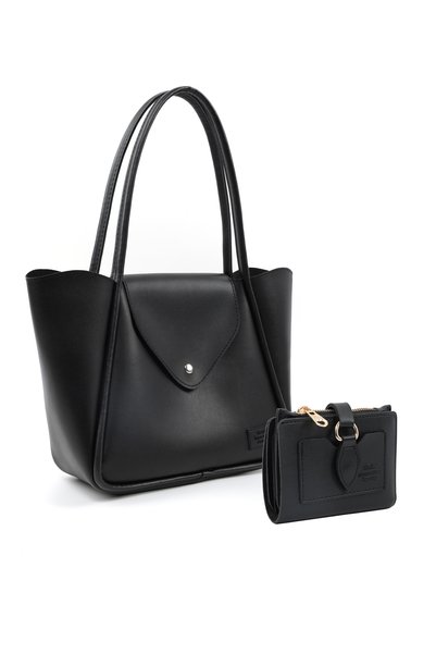 Black Shk275 Faux Leather Large Snap Shoulder Bag and Wallet Set (Shk249-Shk66)