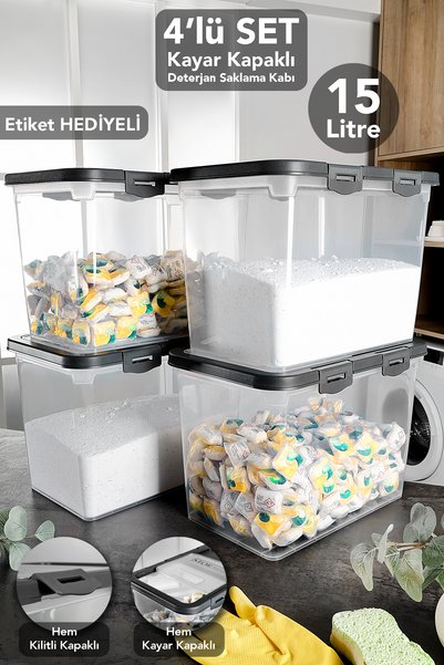 4-Piece Labeled Detergent Storage Box - 15 Lt Sliding Locked Lid Tablet Powder Detergent Container Gray
