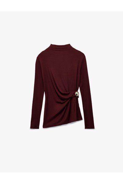 X Melis Ağazat - Slim Fit Long Sleeve Mock Neck Accessory Detail T-Shirt