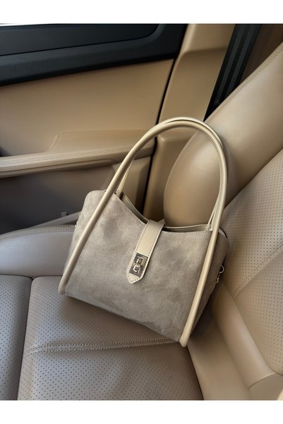 Women's Suede Taupe Lock Detail Three-Compartment Hand and Shoulder Bag with Removable Makeup Bag Lemina
