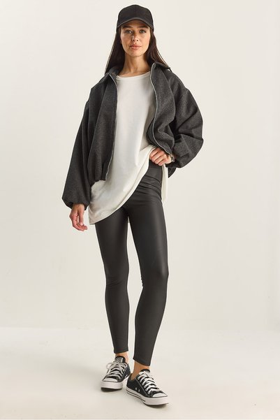 Women's Black Fur Inside High Waist Elastic Matte Faux Leather Leggings 1545 60282041
