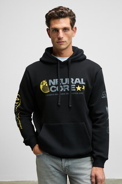 Cornelius Men's Black Sweatshirt with Kangaroo Pocket on the Front and Sleeves Printed Hooded Corduroy