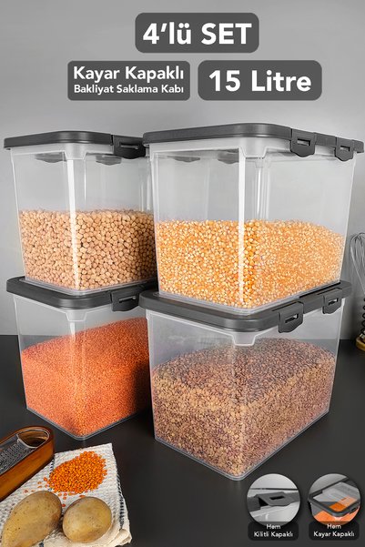 4-Piece 15 Lt Sliding Lid Grain Storage Container - Sliding Locking Lid Sugar Flour Container Food Storage Container Gray
