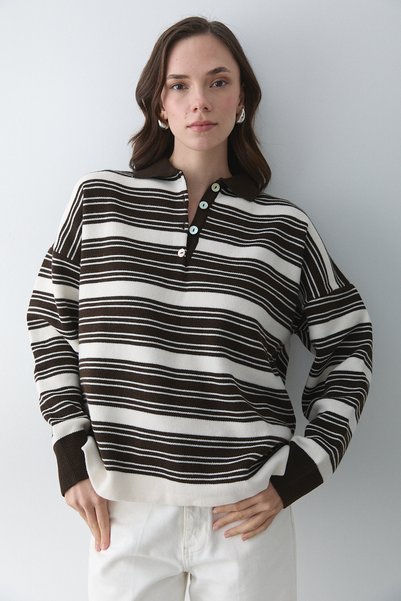 Dark Brown - Cream Two-Tone Striped Sweater - 251140