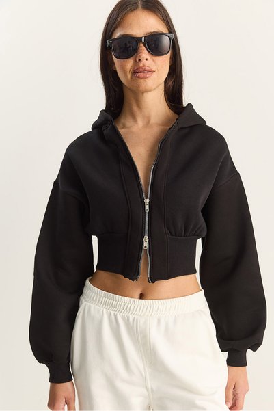 Women's Black Zippered Hooded Waist-Fitted Flexible Knitted Crop Sweatshirt 60283858