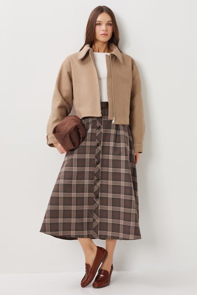 Belted Checkered Midi Polyviscose Skirt Lrg0047 Brown