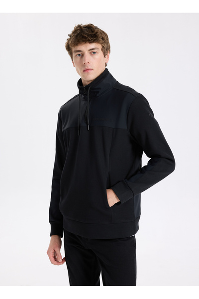Stand Collar Black Men's Sweatshirt GU25MFW08036