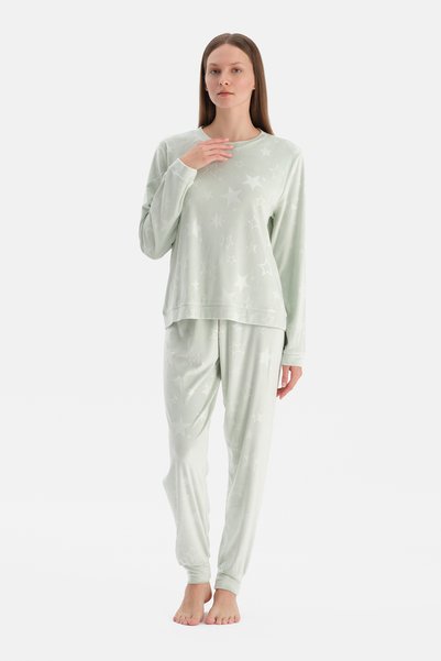 Water Green Gofre Yıldız Printed T-Shirt Pants Pajama Set