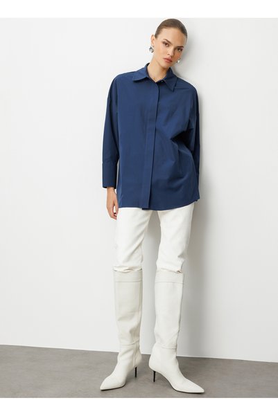 Classic Collar Plain Navy Blue Women's Tunic M1Mz1030210164