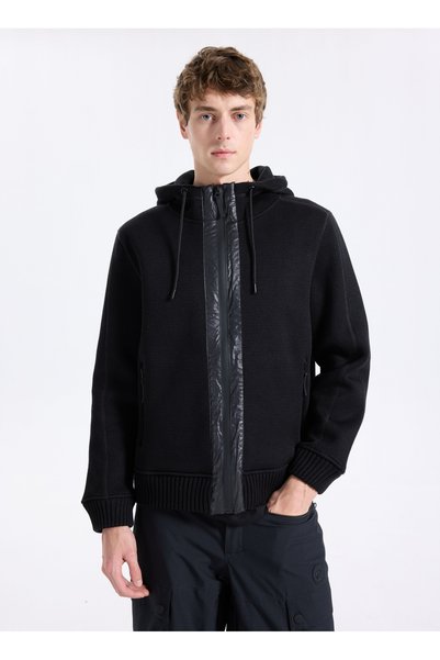 D5Wm-Hrk3788 Black Relaxed Knit Patterned Men's Cardigan