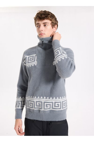 D5Wm-Kzk3765 Smoked Zipper Collar Relaxed Knit Patterned Men's Sweater