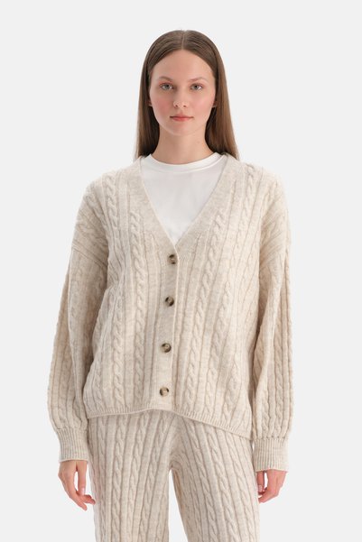 Ecru Melange Knitted Patterned Sweater Cardigan