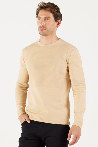 Dark Beige Standard Fit Regular Cut Non-Pilling Crew Neck Knit Sweater
