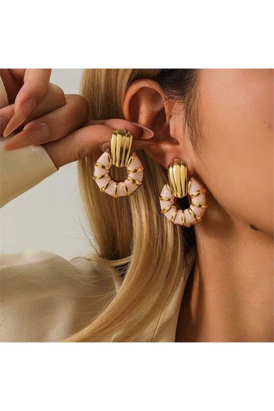 Cream Striped Circle Steel Earrings