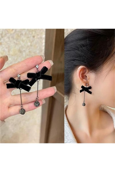 Black Velvet Bow and Crystal Ball Tassel Earrings