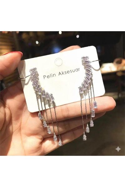 Silver Color Baguette Stone and Chain Tassel Evening Dress Earrings
