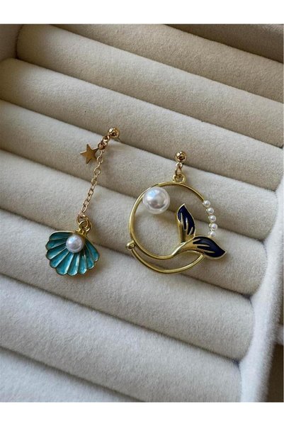 Blue Sea Shell and Whale Tail Asymmetric Earrings with Pearls
