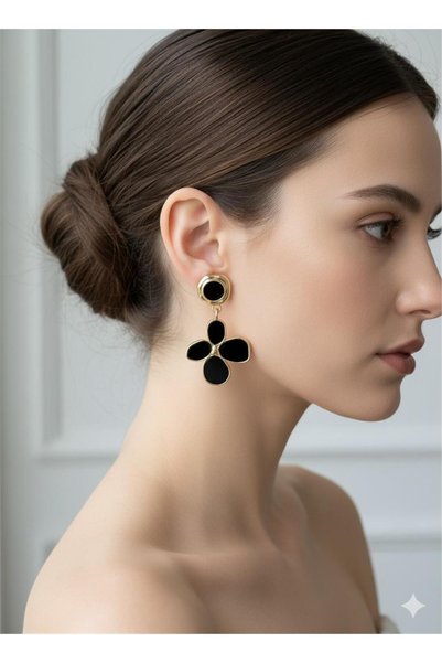 Clover Flower Earrings with Black Enamel and Gold Frame
