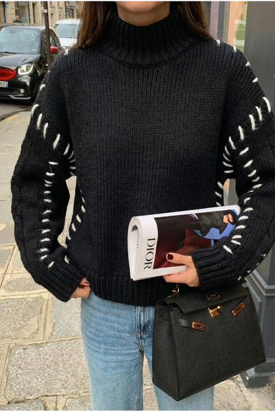 Women's Black Half Fisherman Knitwear Sweater