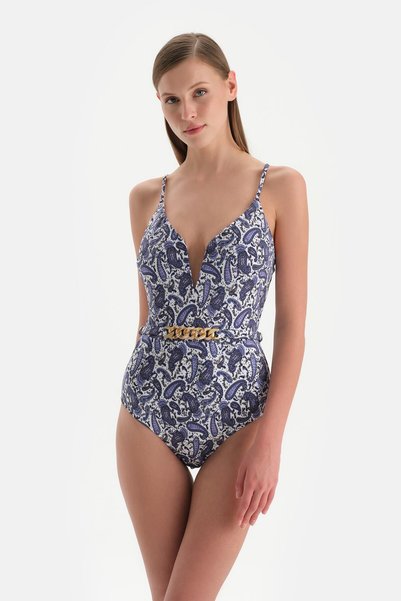 Ecru-Purple Deep V Swimsuit