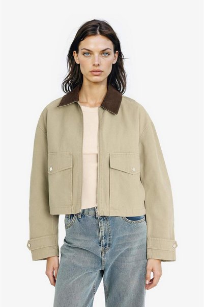 100% Cotton Regular Fit Contrast Collar Zipper Pocket Crop Coat E8598Ax25Au