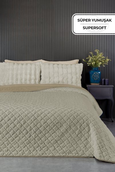 Premium Plush Double Multi-Purpose Bedspread 200X220 Double-Sided Blanket Pique Beige / Cappuccino