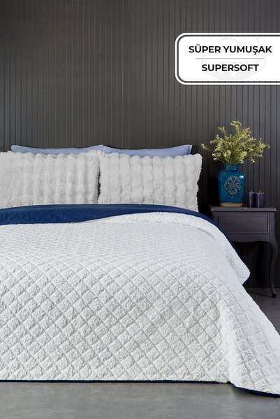 Premium Plush Single Multi-Purpose Bedspread 160X220 Double-Sided Blanket Pique White Navy Blue