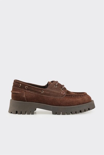 Coffee-Colored Leather Women's Casual Lace-Up Shoes