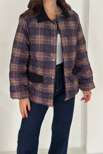Women's Navy Blue Velvet Collar Detailed Plaid Snap Button Quilted Lined Oversized Coat