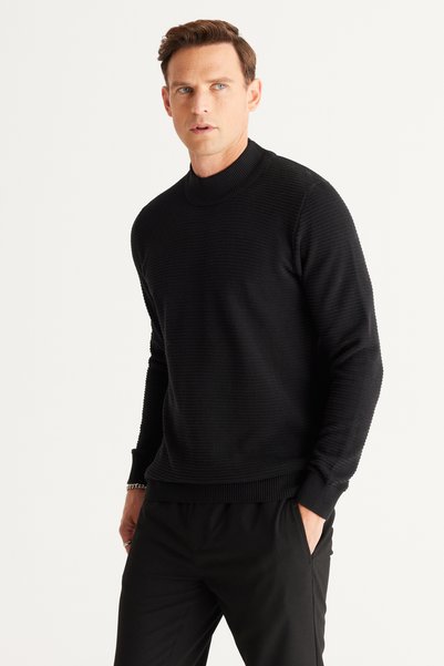 Black Standard Fit Half Turtleneck Cotton Patterned Knitwear Sweater