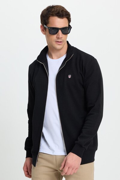 Men's Slim Fit Narrow Cut Cotton Full-Zip Pocketed Mock Neck Black Sweatshirt Cardigan