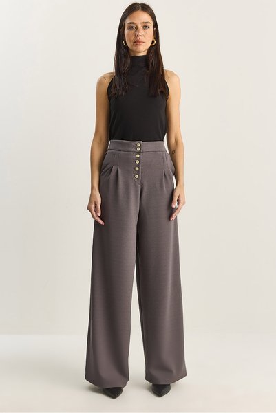 Women's Gray Gold Button Detailed Pleated High Waist Palazzo Trousers 60282038