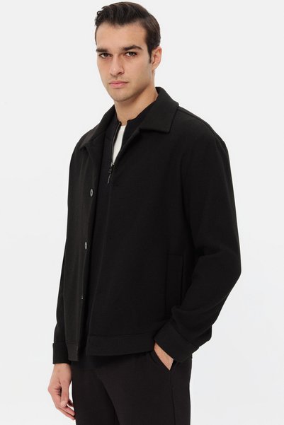 Relaxed Fit Black Knitted Shirt Jacket