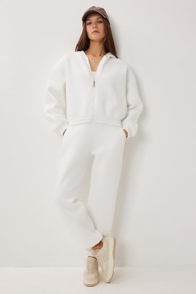 Zippered Fleece-Lined Knitted Top and Bottom Set Ldm0017 Ekru